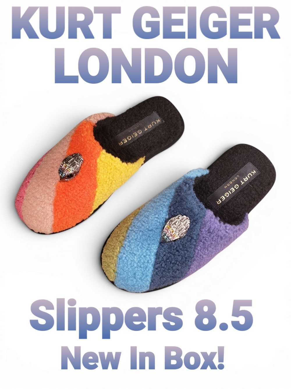 Kurt Geiger Multicolor Shearling Slippers w/ Crystal Eagle NIB! (8.5)